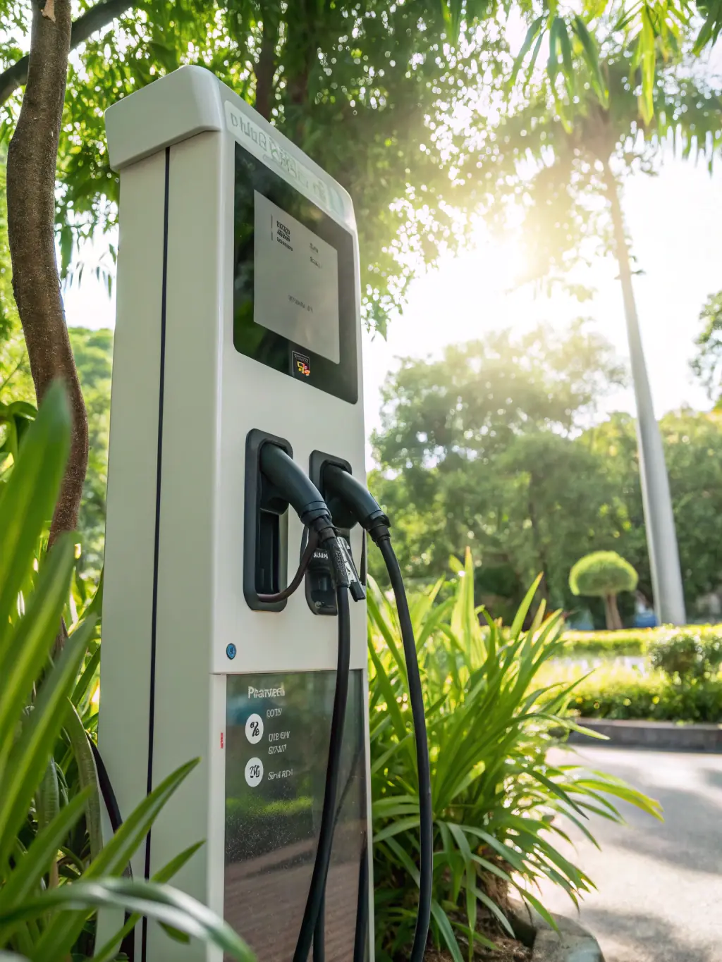 A close-up shot of an electric car charging at a charging station, emphasizing the eco-friendly aspect of electric vehicles and their contribution to reducing emissions.